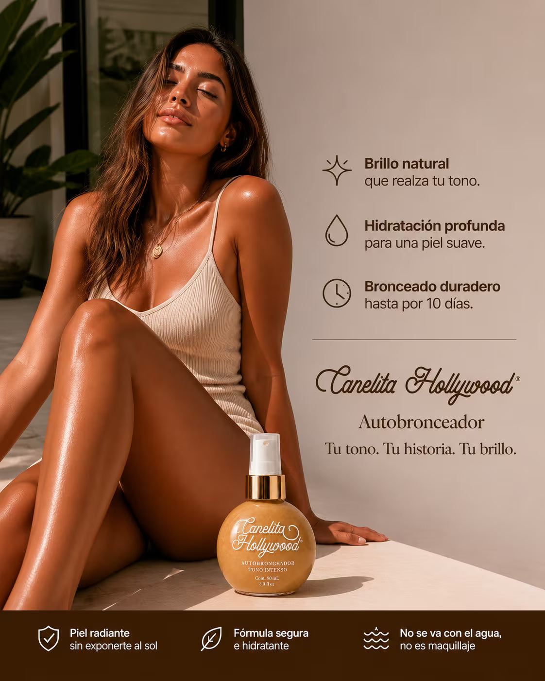 Mujer con piel bronceada junto al frasco y sus beneficios – Canelita Hollywood autobronceador intenso | Nova Oficial