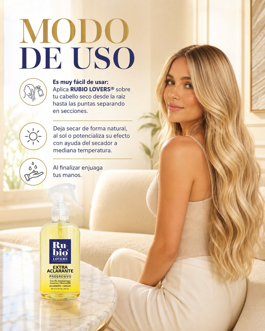 Modo de uso del aclarante sobre cabello seco, con mujer rubia – Rubio Lovers extra aclarante capilar | Nova Oficial