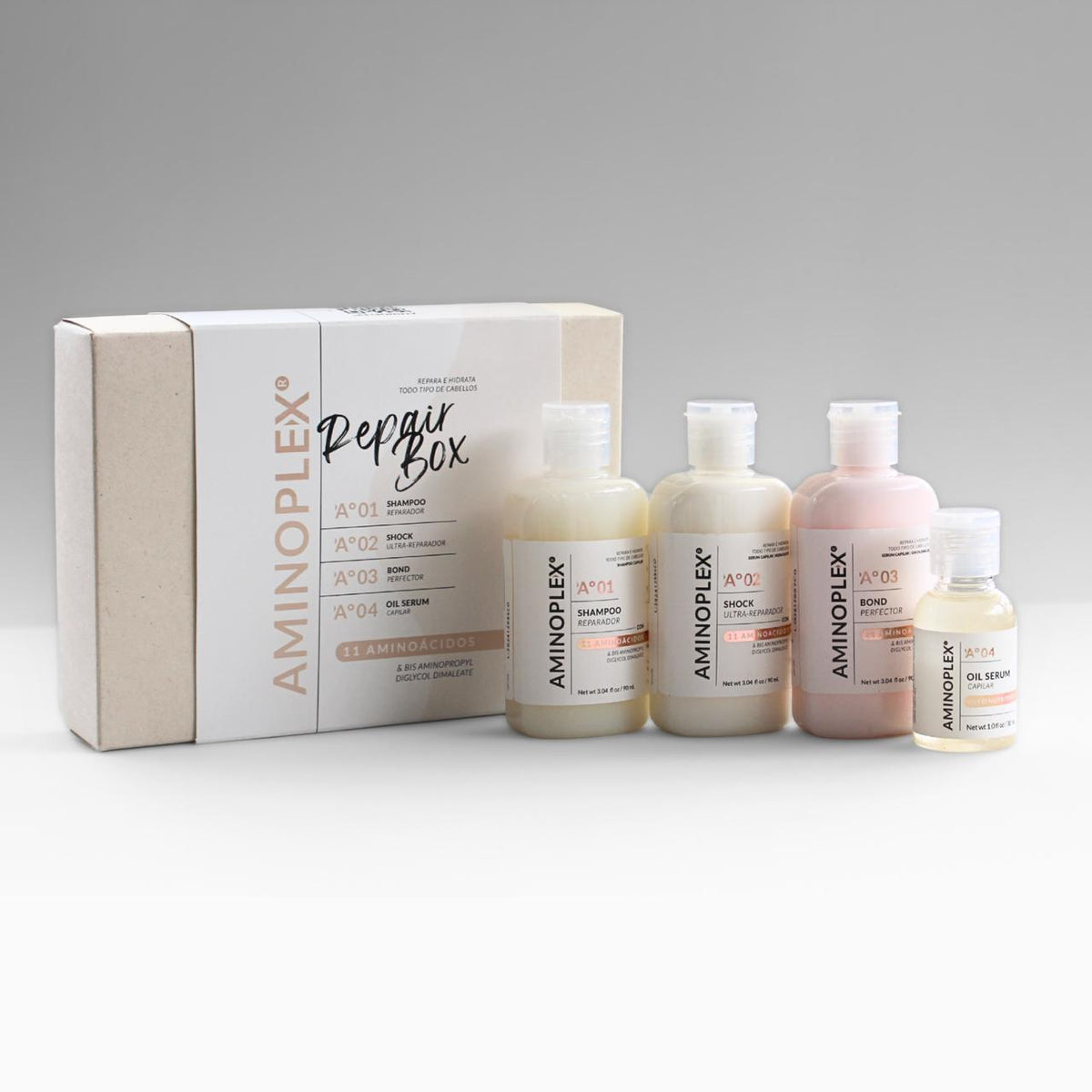 Caja del set con shampoo, shock, bond perfector y oil serum – Aminoplex Repair Box set profesional | Nova Oficial