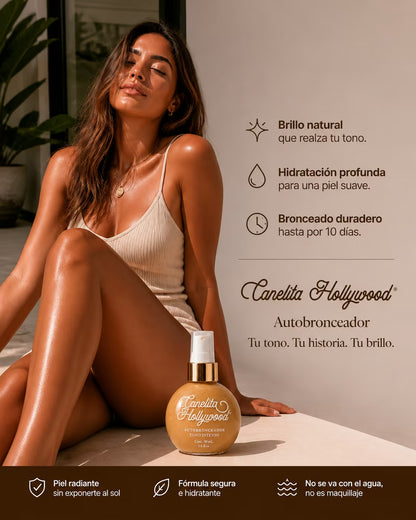 Mujer con piel bronceada junto al frasco y sus beneficios – Canelita Hollywood autobronceador intenso | Nova Oficial