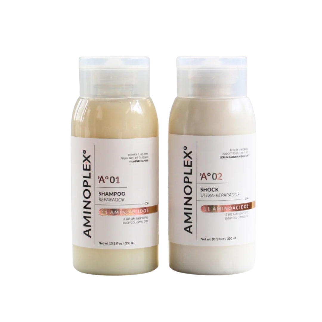 Frascos N.º 1 y N.º 2 lado a lado – Kit dúo Aminoplex shampoo reparador y shock ultrarreparador | Nova Oficial
