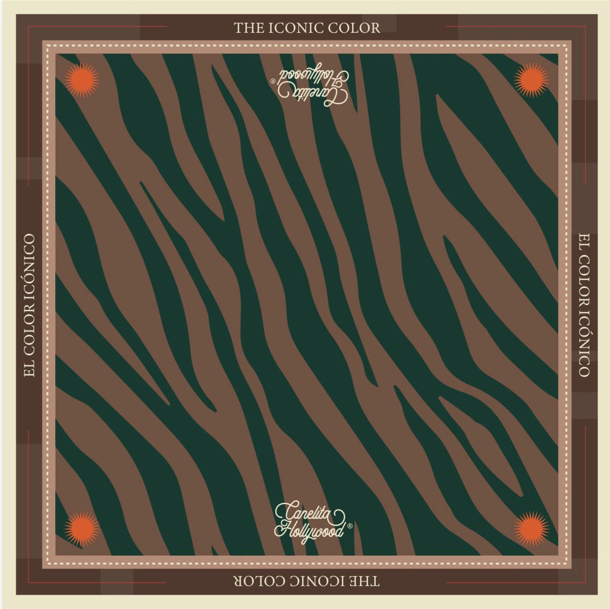 Diseño de la pañoleta extendida con estampado verde y café – Pañoleta Iconic de Canelita Hollywood | Nova Oficial