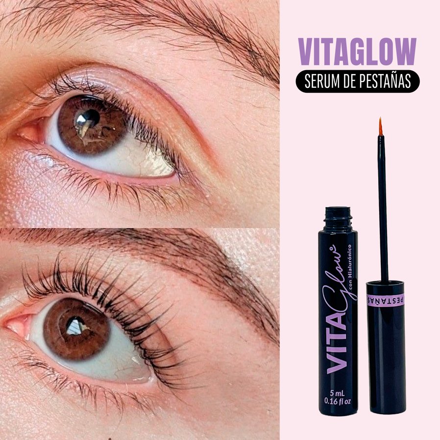 Pestañas antes y después del uso del sérum, junto al frasco – VitaGlow gel para el crecimiento de pestañas | Nova Oficial