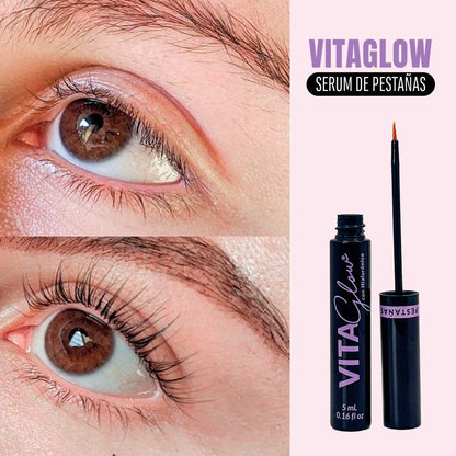 Pestañas antes y después del uso del sérum, junto al frasco – VitaGlow gel para el crecimiento de pestañas | Nova Oficial