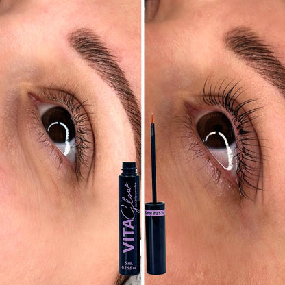Pestañas antes y después junto al frasco con aplicador – VitaGlow gel para el crecimiento de pestañas | Nova Oficial