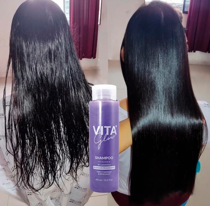 Cabello negro antes y después, junto al frasco del shampoo – VitaGlow shampoo aclarante y alisador progresivo | Nova Oficial