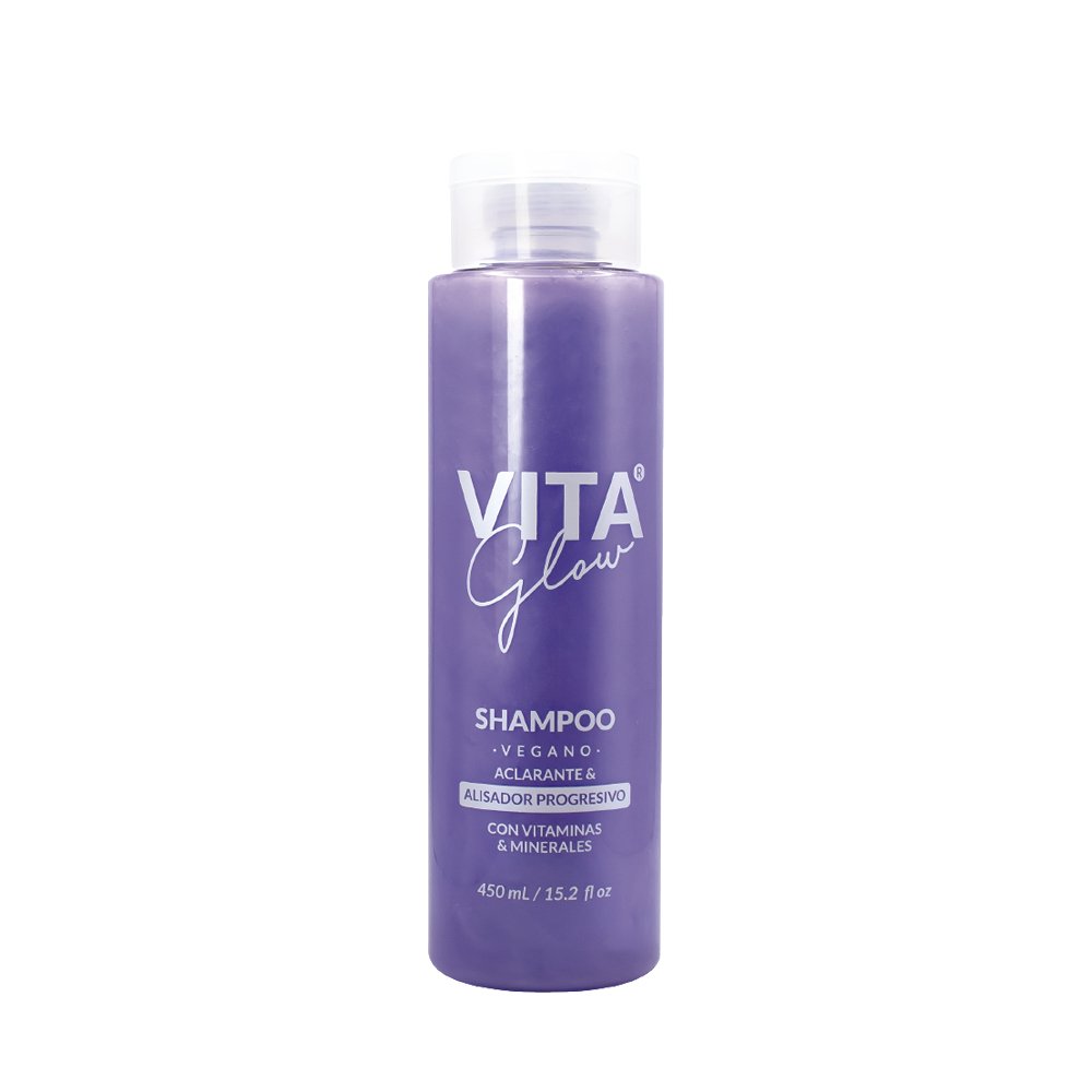 Frasco de 450 ml del shampoo vegano aclarante – VitaGlow shampoo aclarante y alisador progresivo | Nova Oficial