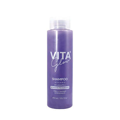 Frasco de 450 ml del shampoo vegano aclarante – VitaGlow shampoo aclarante y alisador progresivo | Nova Oficial