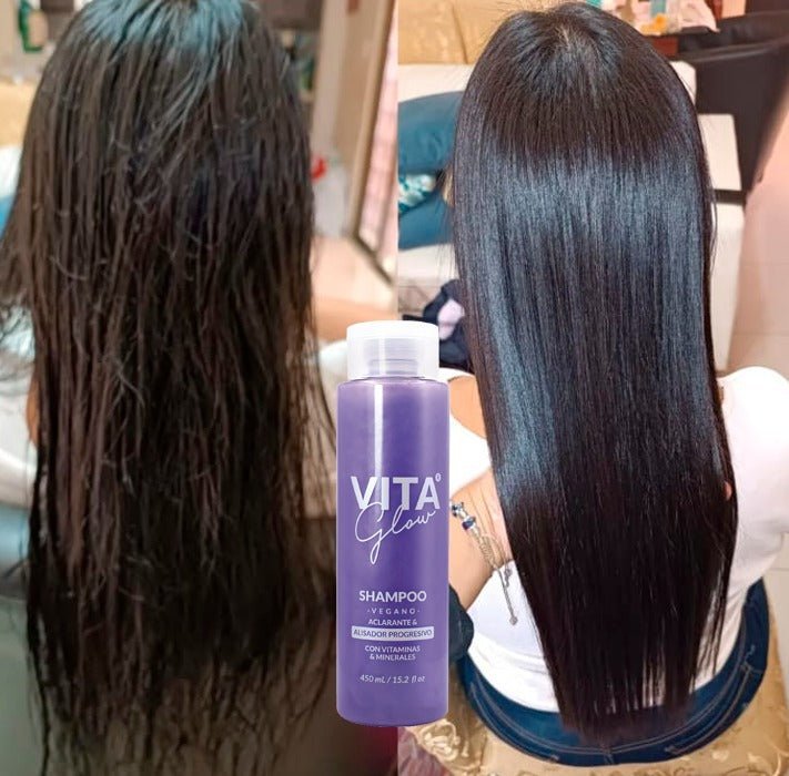 Cabello largo antes y después, junto al shampoo – VitaGlow shampoo vegano y alisador progresivo natural | Nova Oficial