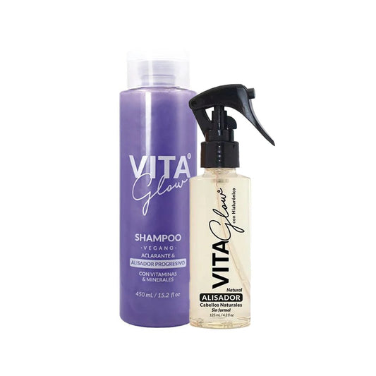 Frasco del shampoo vegano junto al alisador natural – VitaGlow shampoo vegano y alisador progresivo natural | Nova Oficial
