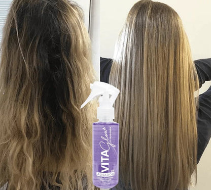 Cabello rubio antes y después, junto al alisador Soft – VitaGlow shampoo vegano y alisador progresivo Soft | Nova Oficial