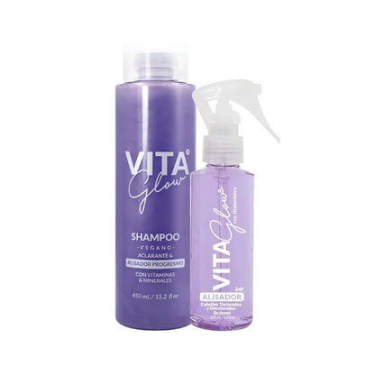 Frasco del shampoo vegano junto al alisador Soft – VitaGlow shampoo vegano y alisador progresivo Soft | Nova Oficial
