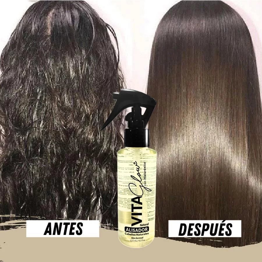 Cabello castaño antes y después del alisado, junto al frasco – VitaGlow alisador progresivo sin formol | Nova Oficial