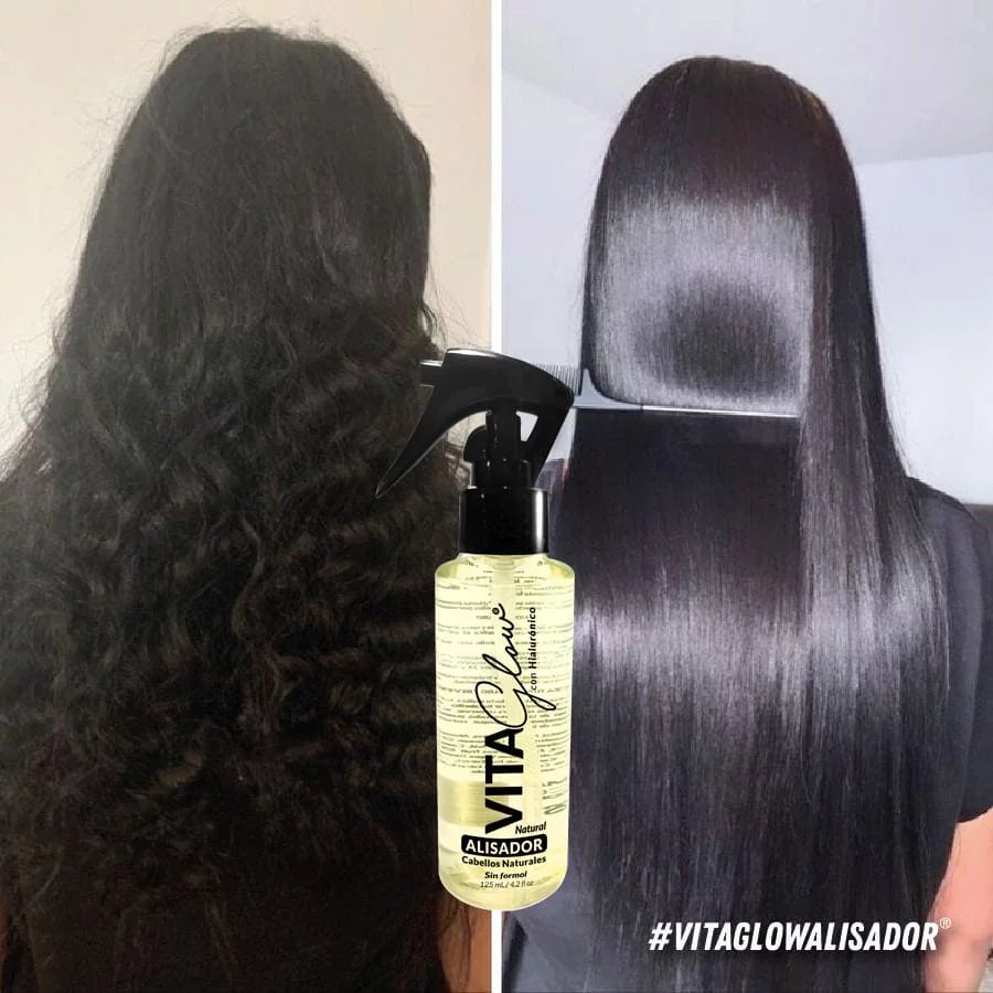 Cabello rizado antes y liso con brillo después, junto al frasco – VitaGlow alisador progresivo sin formol | Nova Oficial