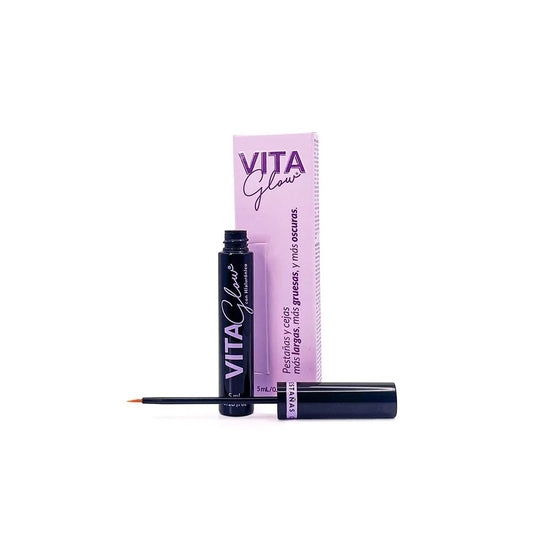 Frasco de 5 ml con aplicador de pincel junto a su caja – VitaGlow gel para el crecimiento de pestañas | Nova Oficial
