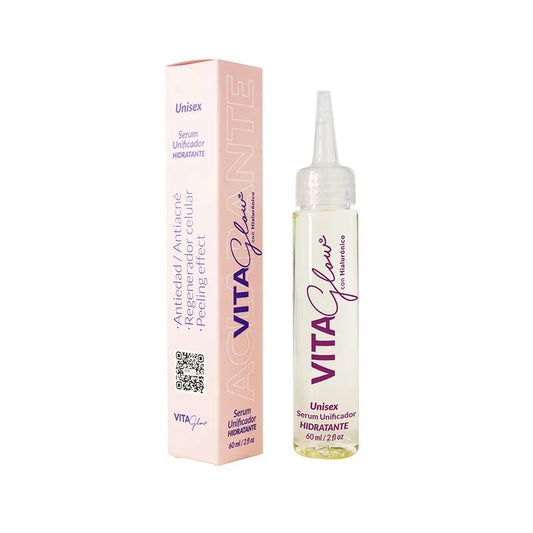 Frasco gotero de 60 ml del sérum unificador junto a su caja – VitaGlow sérum aclarante | Nova Oficial